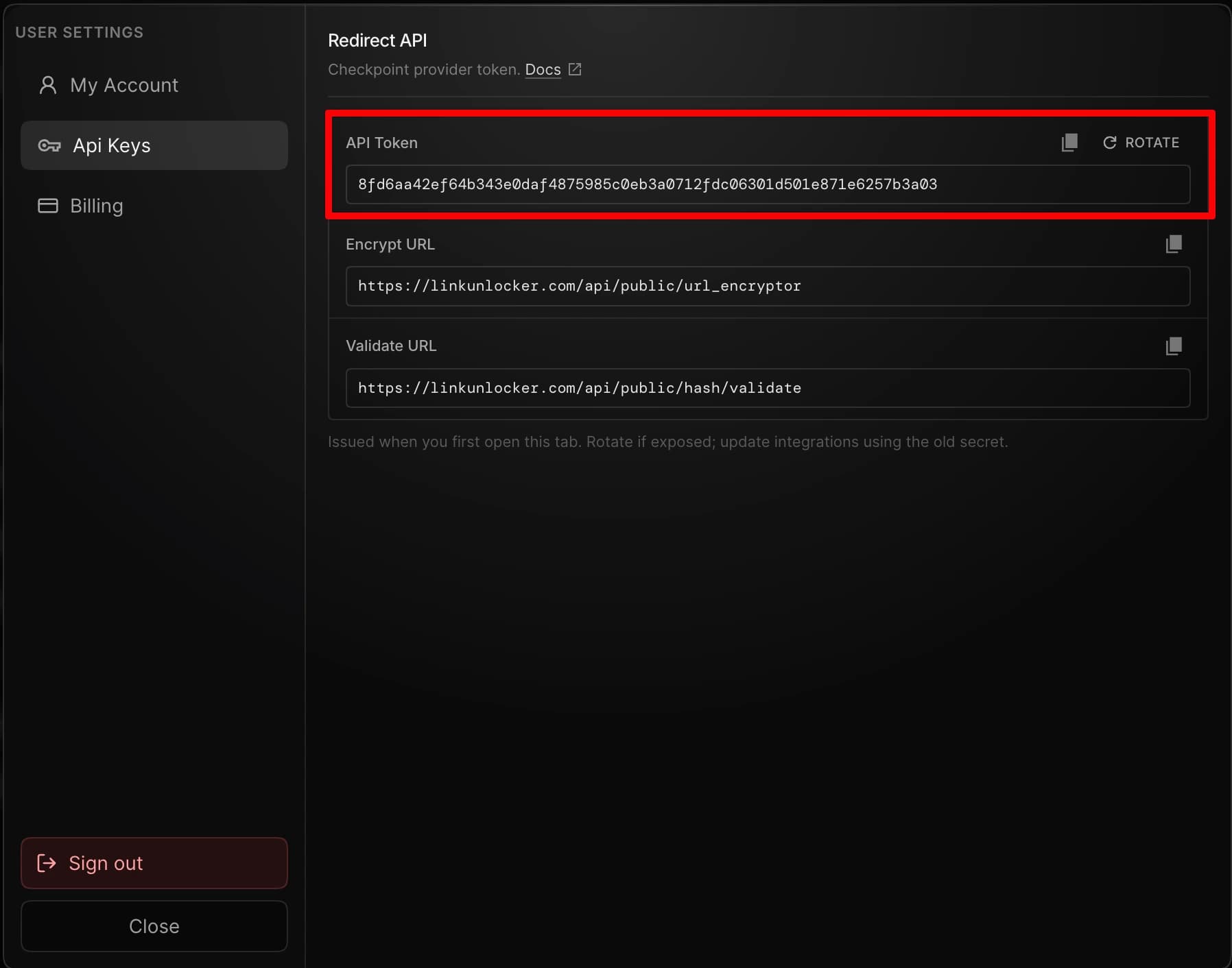 User settings modal on the Api Keys tab showing API Token, Encrypt URL, and Validate URL with copy actions